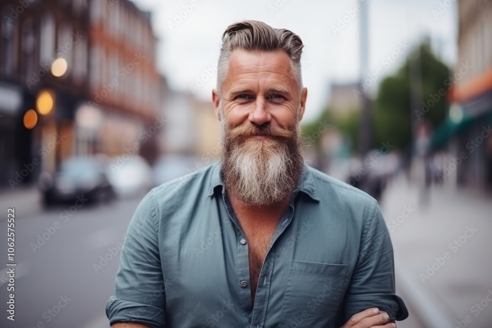 Portrait of a handsome mature man with long beard and mustache in the city Portrait of a handsome mature man with long beard and mustache in the city