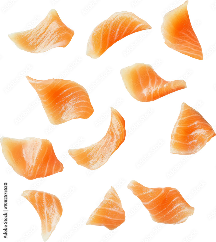 Slices of fresh raw salmon sashimi on a transparent background, culinary seafood concept Slices of fresh raw salmon sashimi on a transparent background, culinary seafood concept