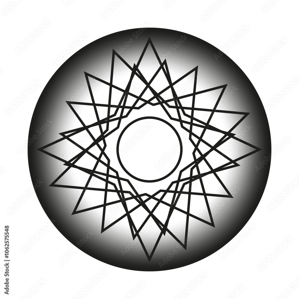 Geometric star shape. Abstract circular pattern. Vector linear symbol. Black gradient background.