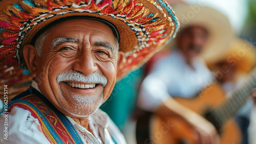 Smiling elderly man in traditional hat enjoying music at a festive gathering in Mexico