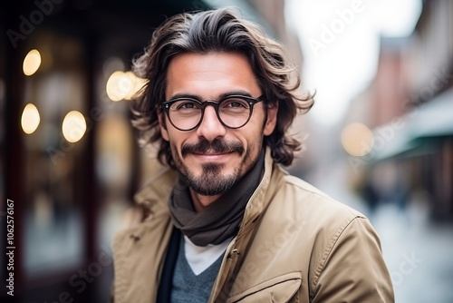 Portrait of a handsome young man with eyeglasses in a city