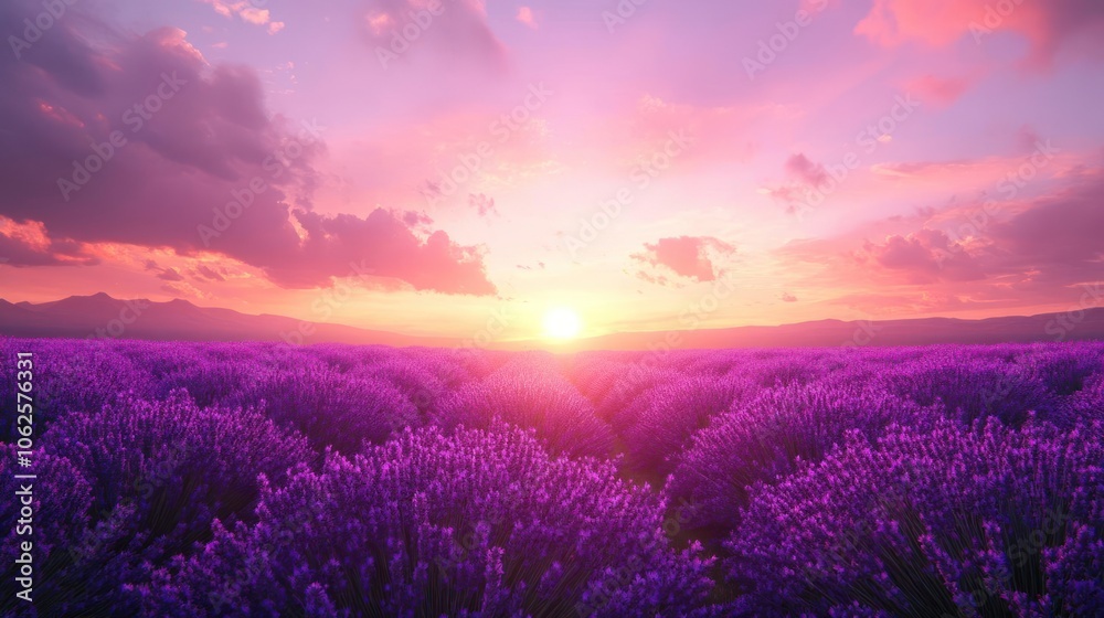Purple flowers in bloom beneath a sunset, with hues of pink and purple skies over the horizon. Purple flowers in bloom beneath a sunset, with hues of pink and purple skies over the horizon.
