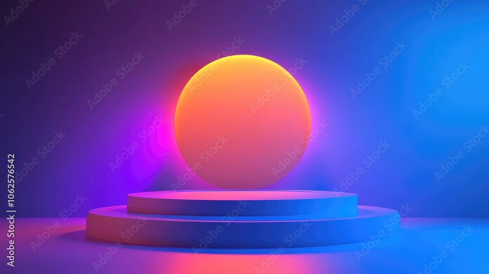 Two-Tiered Circular Platform with Neon Gradient Lighting and Oval Backdrop Two-Tiered Circular Platform with Neon Gradient Lighting and Oval Backdrop