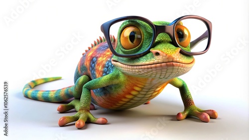 Wide-angle colorful animated lizard with eyeglasses