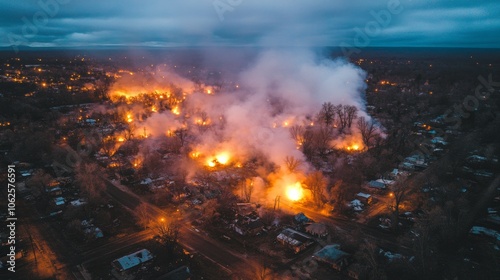 Aerial View of a Wildfire in a Suburban Neighborhood