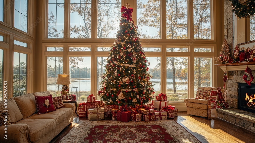 Fototapeta premium Christmas tree in living room with gifts and decorations