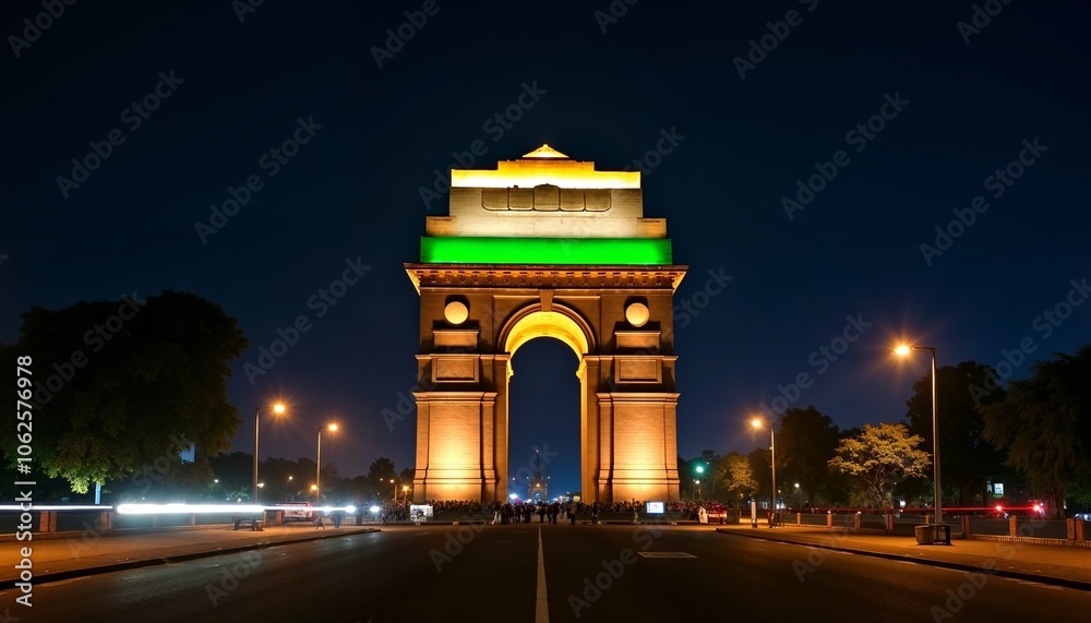 Iconic India Gate in New Delhi illuminated at night, symbolizing national pride and independence Iconic India Gate in New Delhi illuminated at night, symbolizing national pride and independence