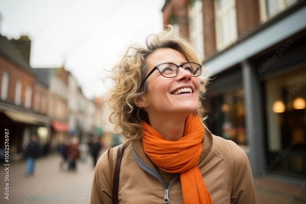 Portrait of a smiling woman in glasses and scarf on the street Portrait of a smiling woman in glasses and scarf on the street