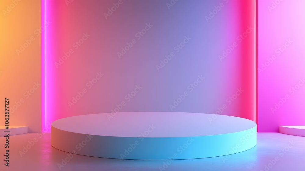 White Cylindrical Platform with Neon Lights Background White Cylindrical Platform with Neon Lights Background