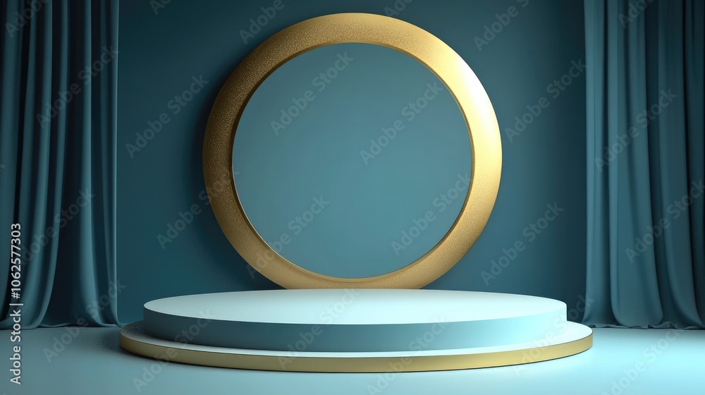 A Gold-Trimmed Platform on a Teal Background with Draped Curtains A Gold-Trimmed Platform on a Teal Background with Draped Curtains