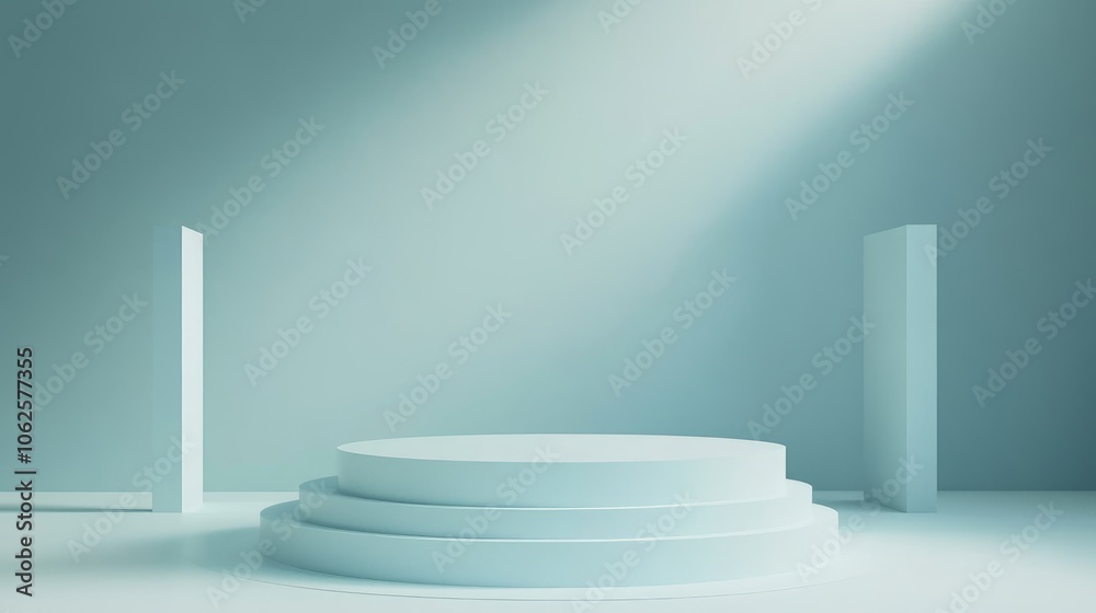 Minimalist Three-Tiered Platform with Soft Lighting and Blue Walls Minimalist Three-Tiered Platform with Soft Lighting and Blue Walls