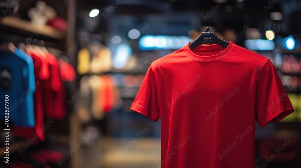 Red T-Shirt On Hanger In Retail Store Red T-Shirt On Hanger In Retail Store