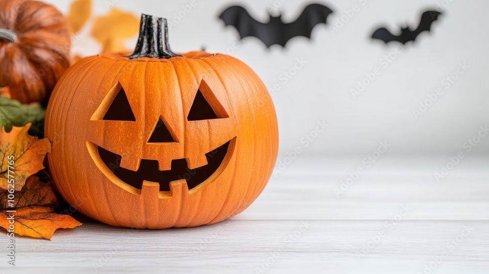 Carved Jack o lantern with Bats and Fall Leaves for Halloween Decorations Carved Jack o lantern with Bats and Fall Leaves for Halloween Decorations