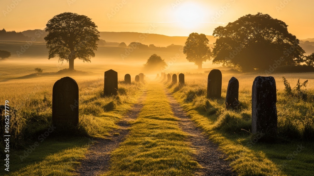 Fototapeta premium Mystical Stone Path at Sunrise with Fog and Trees
