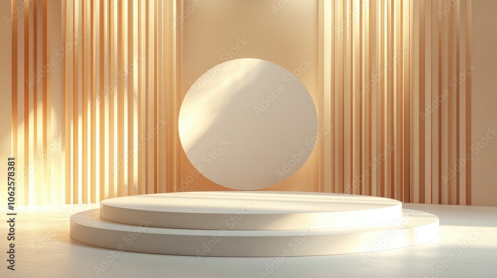 Two-Tiered White Platform with Beige Background and Sunbeams Two-Tiered White Platform with Beige Background and Sunbeams