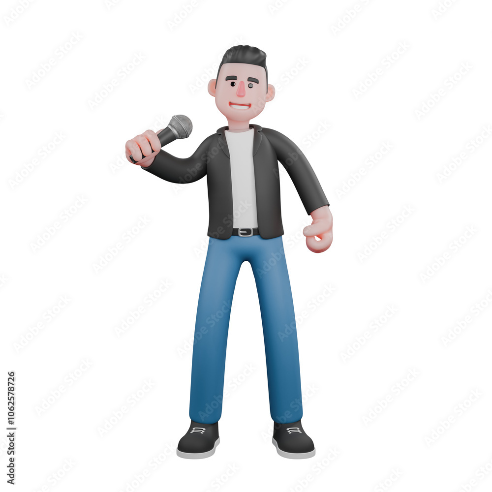 3D Illustration of Cartoon Music Star. a male musician stands holding a microphone in his left hand with a happy expression. Vocal Performer 3D Illustration of Cartoon Music Star. a male musician stands holding a microphone in his left hand with a happy expression. Vocal Performer