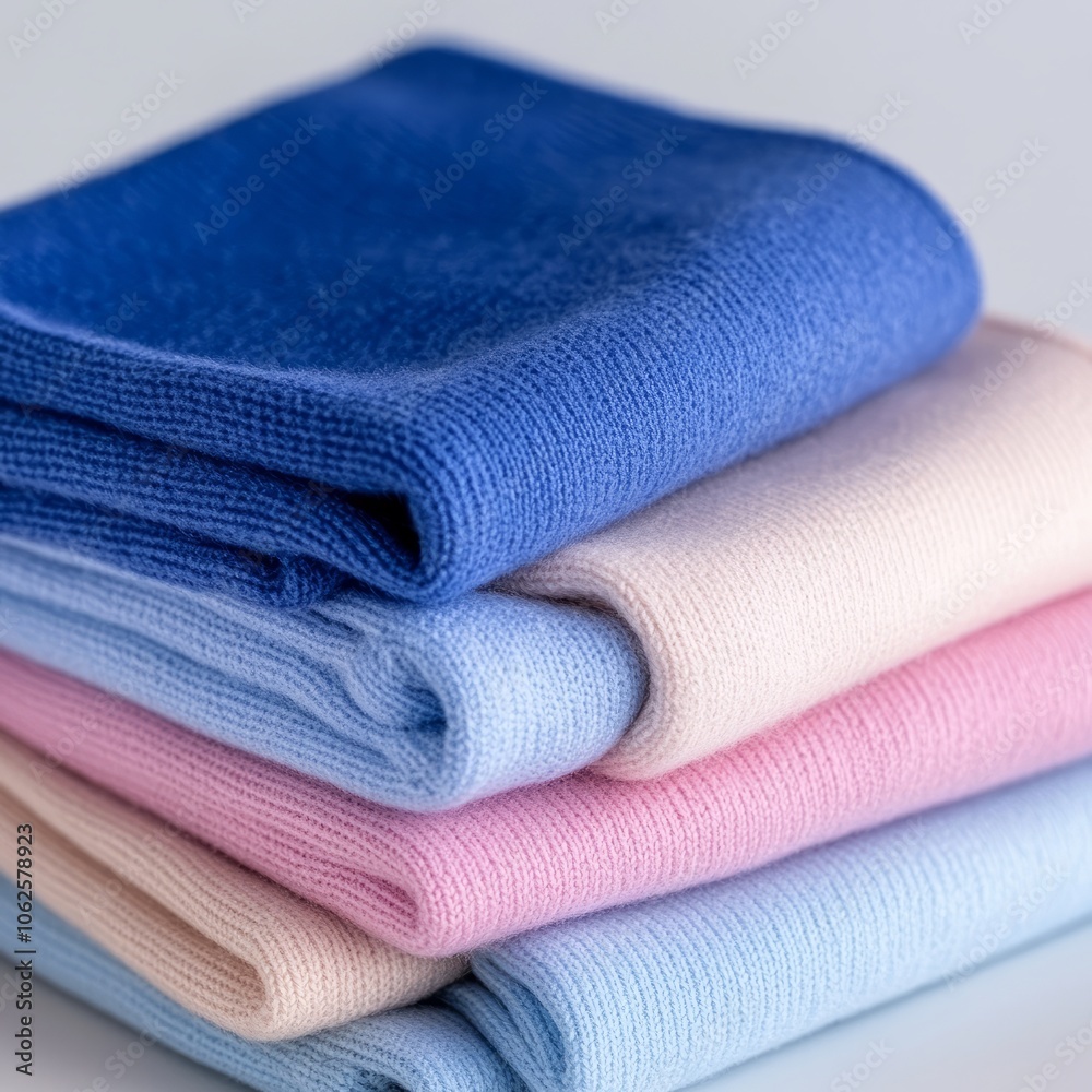 Stack of soft blue, pink, and light blue fabric swatches.