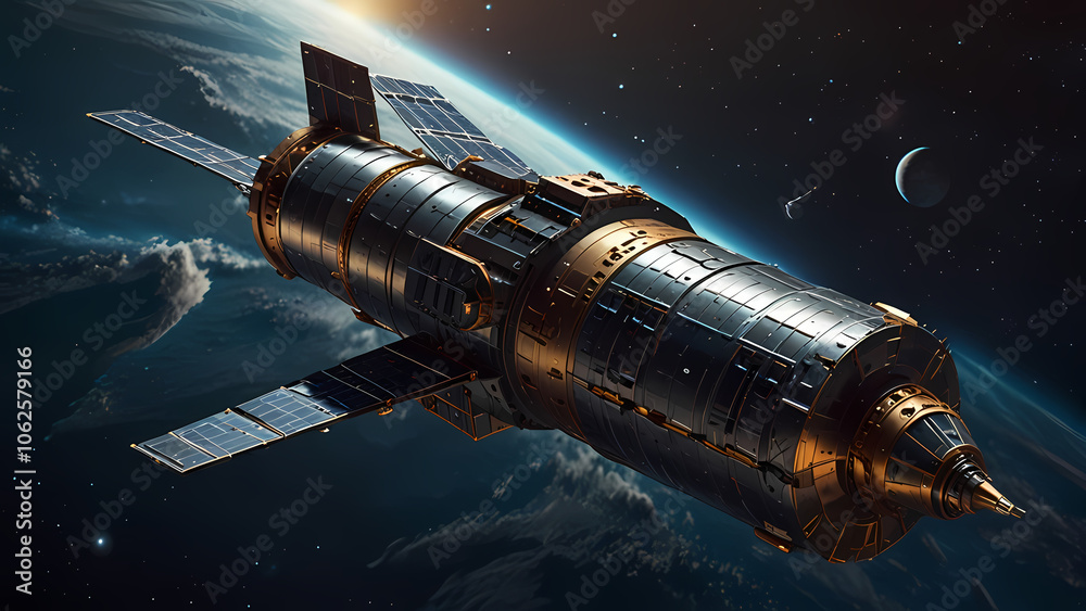 a space satellite ship environment. Show a detailed spacecraft with metallic textures, antennas, and solar panels, floating in the vastness of space a space satellite ship environment. Show a detailed spacecraft with metallic textures, antennas, and solar panels, floating in the vastness of space