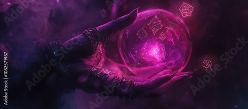 A hand holding a glowing purple orb with swirling light and symbols in a dark and mysterious background.