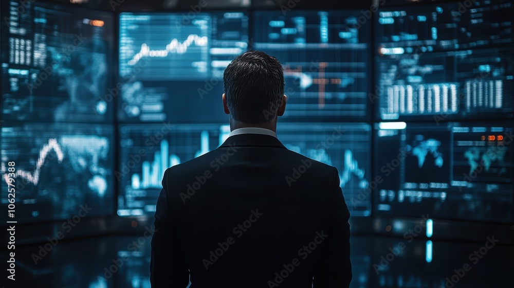 Confident businessman in front of stock market screens Generative AI image Confident businessman in front of stock market screens Generative AI image