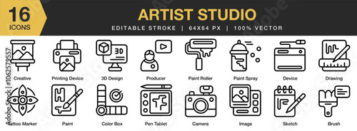 Artist Studio icon set. Editable Stroke Icon Collection. Includes 3d design, brush, camera, color box, creative, device, and More. Outline icons vector collection.