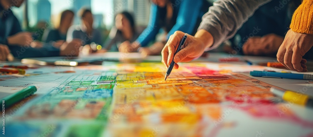 Obraz premium A group of people collaborating on a colorful project, drawing and brainstorming ideas on a large white surface.