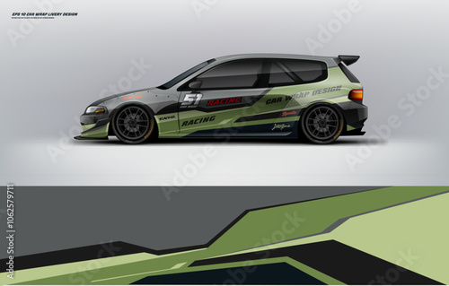 Car branding mockup with racing wrap decal or livery design, Hatchback wrap design with army green color and background. Hatchback and sedan vector ready print printable file