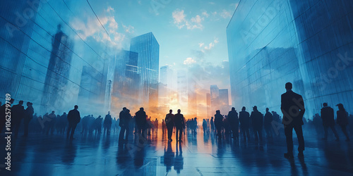 An aspirational crowd of professionals walk toward a new opportunity as represented by the rising sun in the sky 