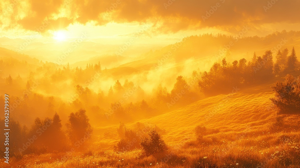 Golden hills bathed in sunlight on a misty autumn morning Golden hills bathed in sunlight on a misty autumn morning