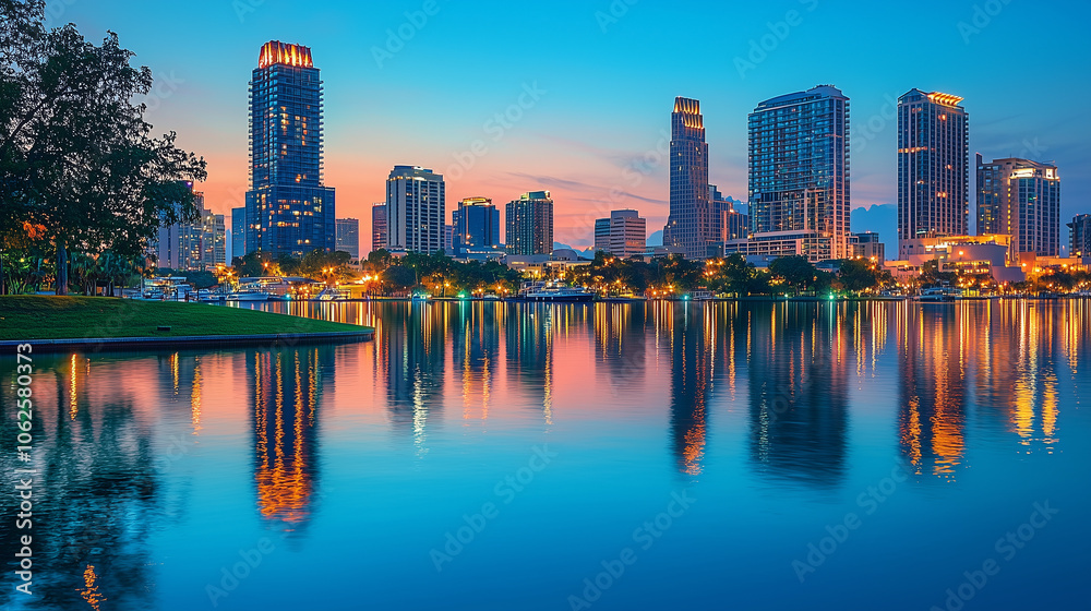 Obraz premium City skyline reflecting in calm lake at twilight with colorful sky