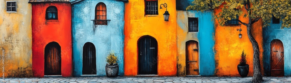 Colorful Mediterranean Street Scene Painting Colorful Mediterranean Street Scene Painting