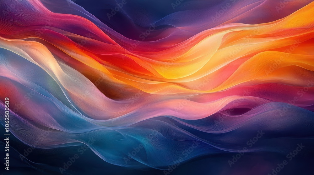Abstract waves of vibrant colors, creating a sense of depth and movement in a smooth, flowing design. Abstract waves of vibrant colors, creating a sense of depth and movement in a smooth, flowing design.