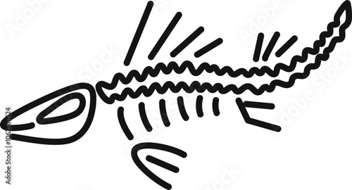 Simple line drawing of a fish skeleton, featuring bones, spines, and tail