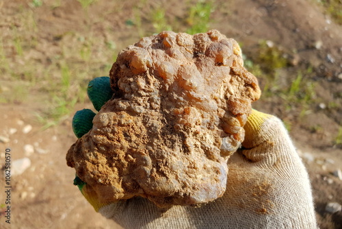 A sample of orange chalcedony found during a mineralogical hike, field photo, Russia