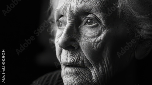 An elderly woman with deeply lined features indicates a life full of experiences and wisdom, captured in a close-up black and white photograph, highlighting her expressive and wise nature.