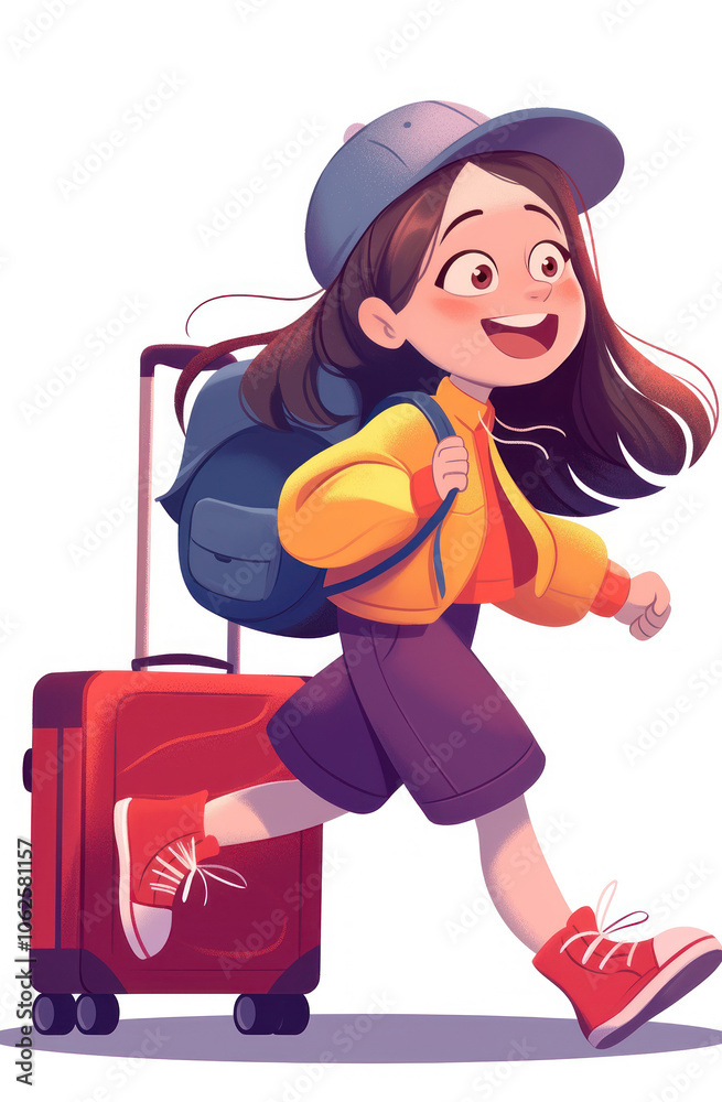 Illustration of a Happy Young Girl with Luggage and Backpack, Ready for a Trip Illustration of a Happy Young Girl with Luggage and Backpack, Ready for a Trip
