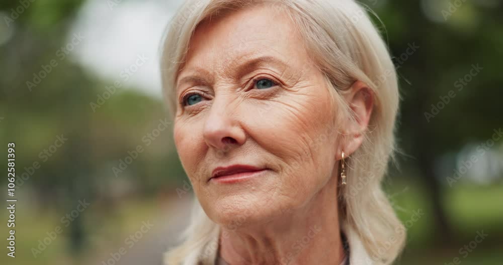 Senior, woman and thinking at park in nature with memory, remember or nostalgia. Person, thoughtful or reflection outdoor with wondering, daydreaming or morning fresh air with wellness in environment Senior, woman and thinking at park in nature with memory, remember or nostalgia. Person, thoughtful or reflection outdoor with wondering, daydreaming or morning fresh air with wellness in environment