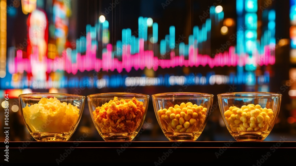 Four Glass Bowls with Different Snacks on a Countertop with Blurry City Lights in the Background Four Glass Bowls with Different Snacks on a Countertop with Blurry City Lights in the Background