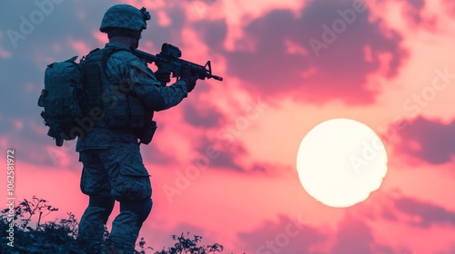 Soldier Silhouette with Sunset Sky and Rifle