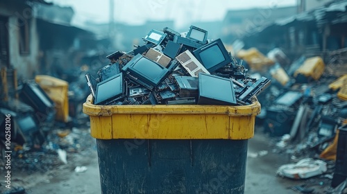 A recycle bin full of e waste as a concept of e waste management photo