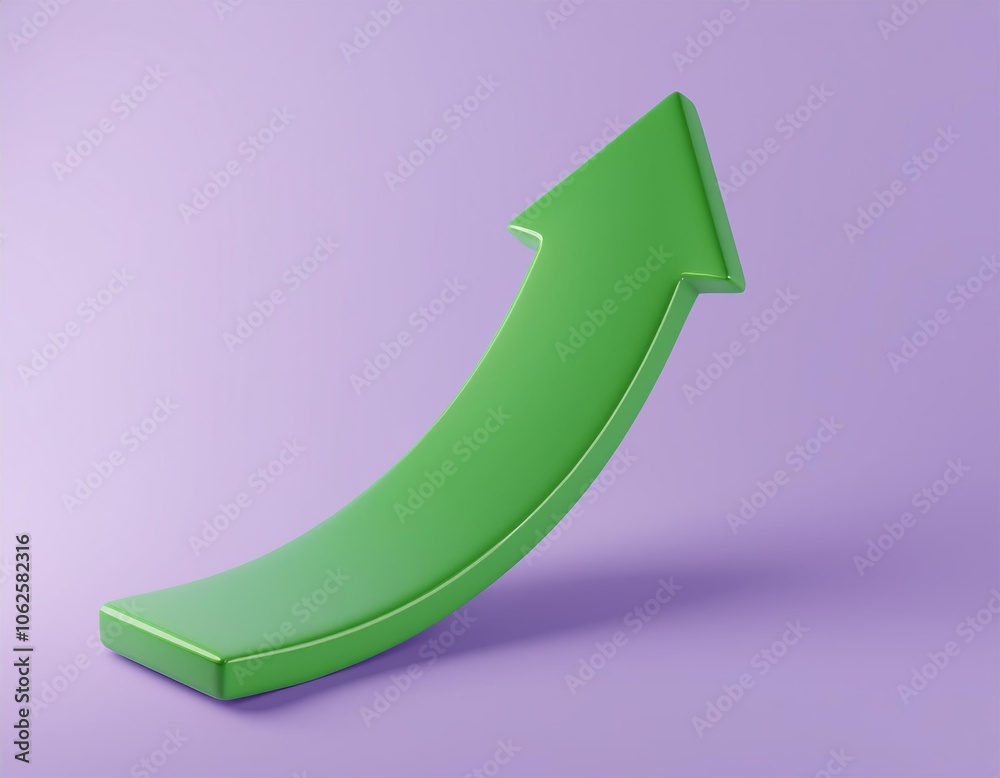 A green arrow pointing upwards on a purple background A green arrow pointing upwards on a purple background