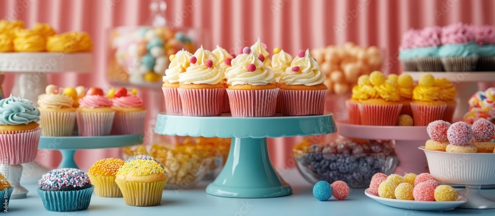 A variety of colorful cupcakes and candies on a table. A variety of colorful cupcakes and candies on a table.