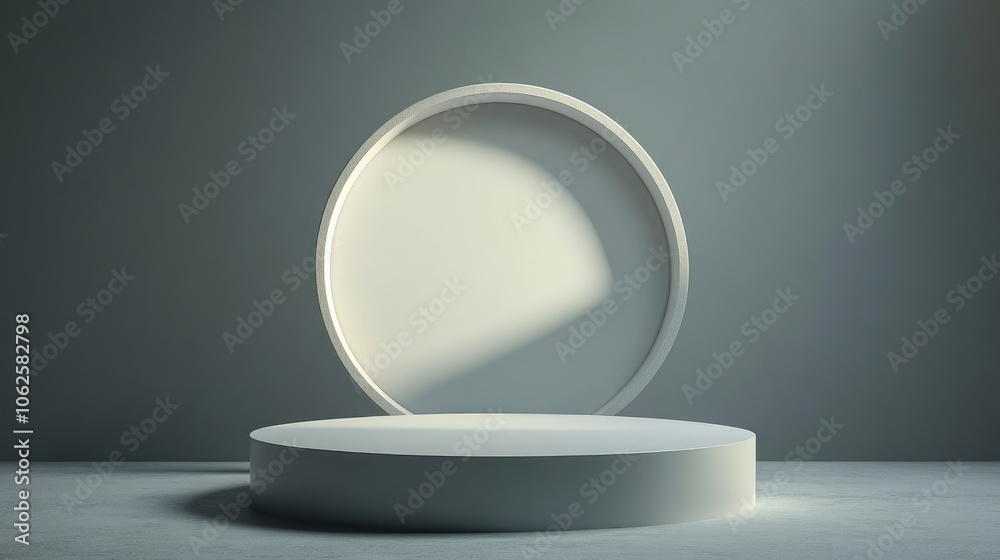 A White Circular Pedestal with a White Oval Frame in a Grey Room A White Circular Pedestal with a White Oval Frame in a Grey Room