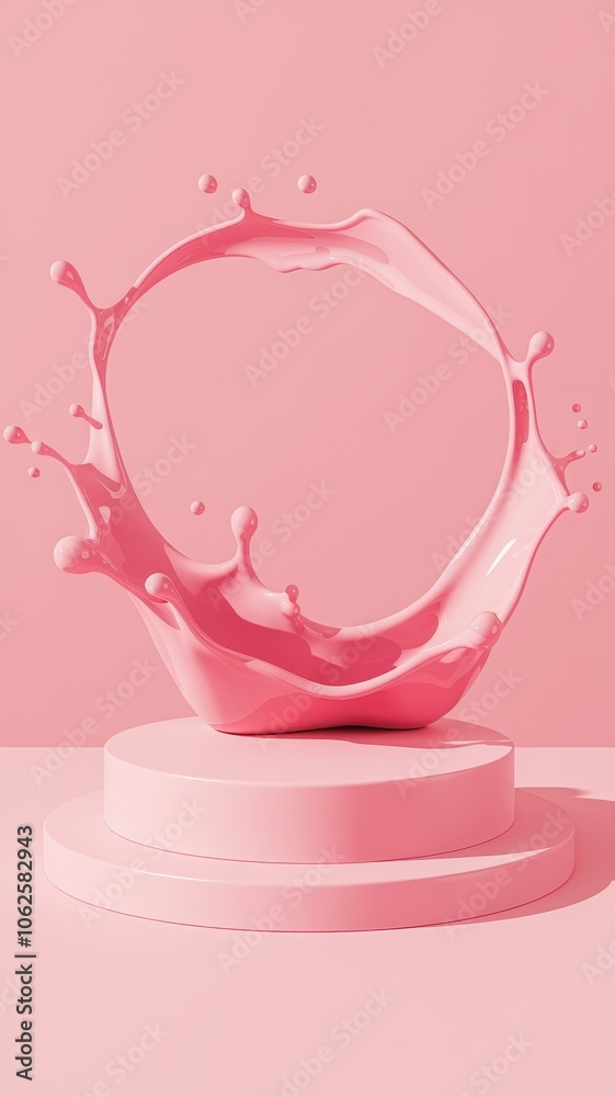 Abstract sculpture of pink liquid drop with surrounding droplets on gradient Abstract sculpture of pink liquid drop with surrounding droplets on gradient