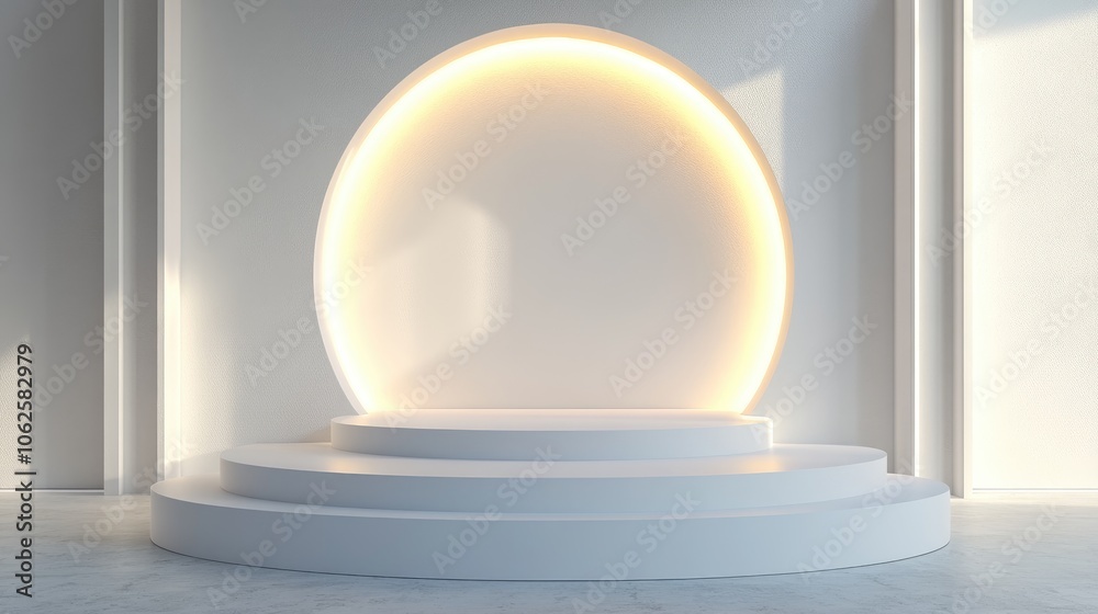 White Circular Platform with Glowing Oval Backdrop White Circular Platform with Glowing Oval Backdrop
