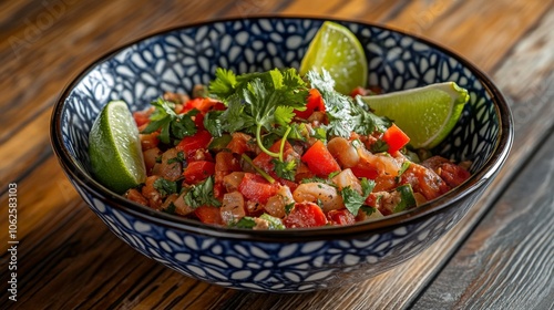 Freshly Plated Salsa with Lime and Cilantro Garnish