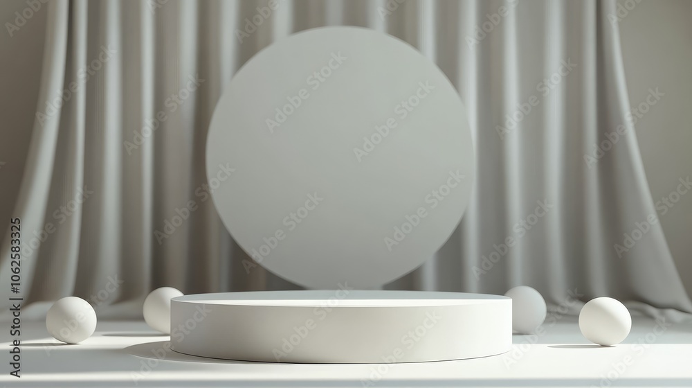 Fototapeta premium White Circular Platform with Spheres and Draped Fabric Background