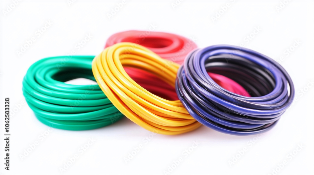 Colorful electrical cable conduit cover tubes wrapped up on white background Colorful electrical cable conduit cover tubes wrapped up on white background