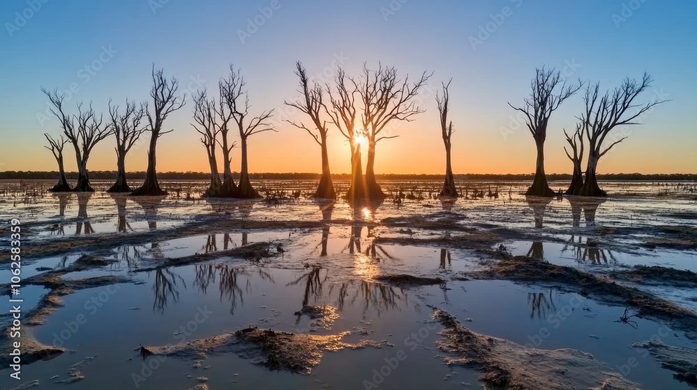 Sunset Silhouettes of Dead Trees Reflecting in Water Sunset Silhouettes of Dead Trees Reflecting in Water