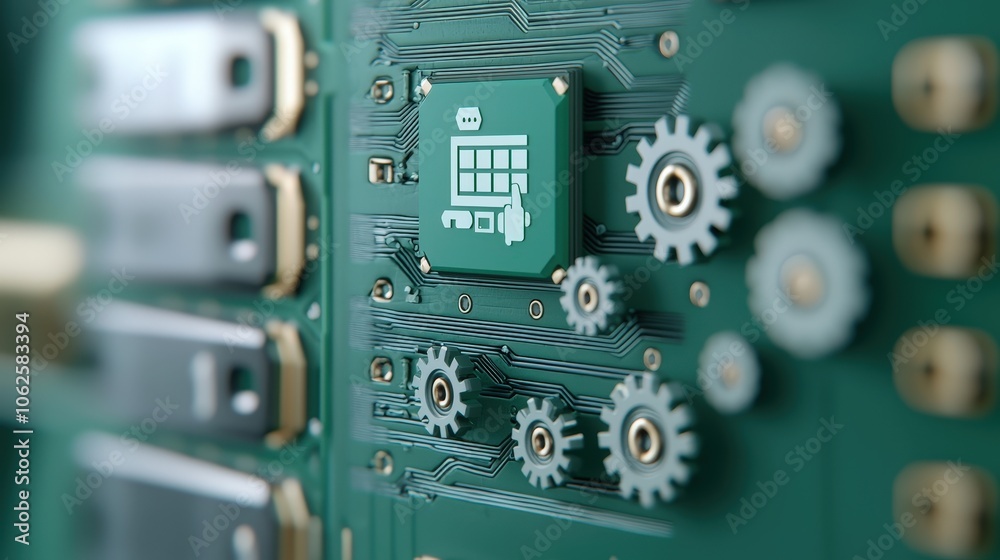 Fototapeta premium Green Circuit Board with Cogs and Web Icon Technology Concept